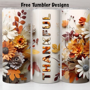 May include: Three stainless steel tumblers with fall-themed designs. The center tumbler features the word "THANKFUL" in large, stylized letters made of fall-colored leaves. The tumblers on either side feature a floral design with white, orange, and brown paper flowers.