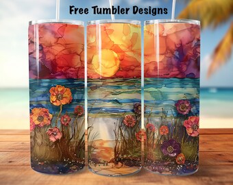 Strand zonsondergang Tumbler wrap png naadloos, kleurrijk zomerontwerp, 20oz Skinny rechte Tumbler Wrap, alcoholinkt sublimeren, Digitale Download