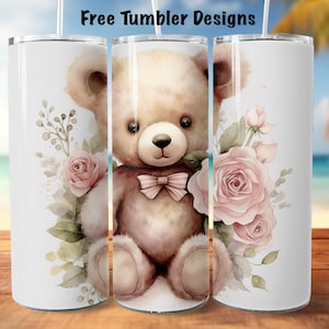 Teddy bear Tumbler design, cute watercolour bear roses seamless 20oz Skinny straight Tumbler Wrap, tumbler wrap for girl digital download