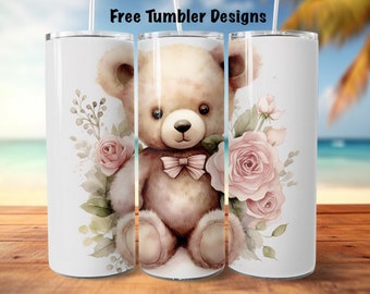 Teddy bear Tumbler design, cute watercolour bear roses seamless 20oz Skinny straight Tumbler Wrap, tumbler wrap for girl digital download