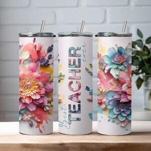 Beste leraar ooit Tumbler Design met 3d bloemen, kleurrijke leraar tuimelaar png voor sublimatie, 20oz Skinny rechte Tumbler Wrap download afbeelding 4