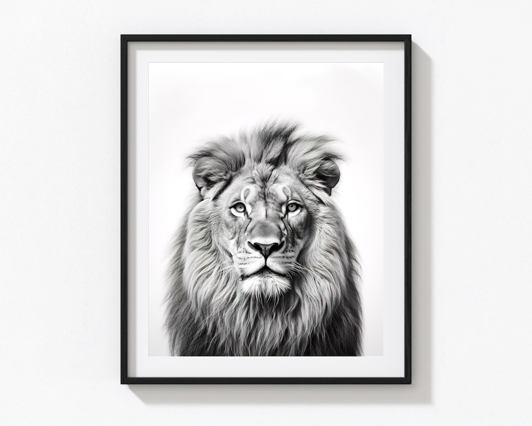 Black and White Lion Printable Wall Art, Realistic Animal Art Print ...