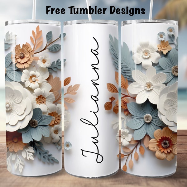 3d floral tumbler design personalize , add your own text or name, muted flowers png sublimation, 20oz Skinny straight Tumbler Wrap