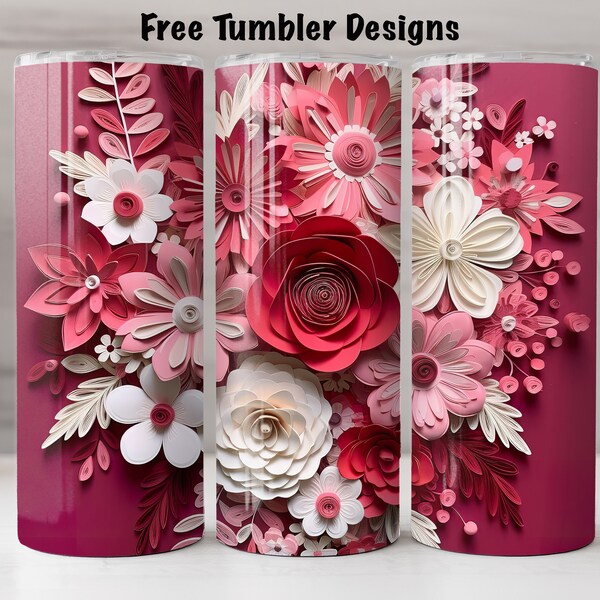 Seamless Tumbler Design with pink and red 3d flowers, quilling png for sublimation, 20oz Skinny straight Tumbler Wrap, digital download