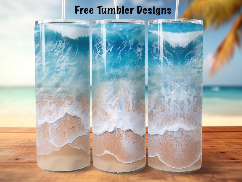 May include: Three stainless steel tumblers with a beach scene design. The design features blue ocean waves crashing on a sandy beach.