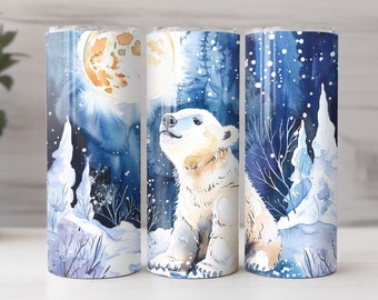 May include: Three white stainless steel tumblers with a watercolor design of a polar bear cub looking up at a full moon in a snowy forest. The background is a dark blue with white snowflakes.