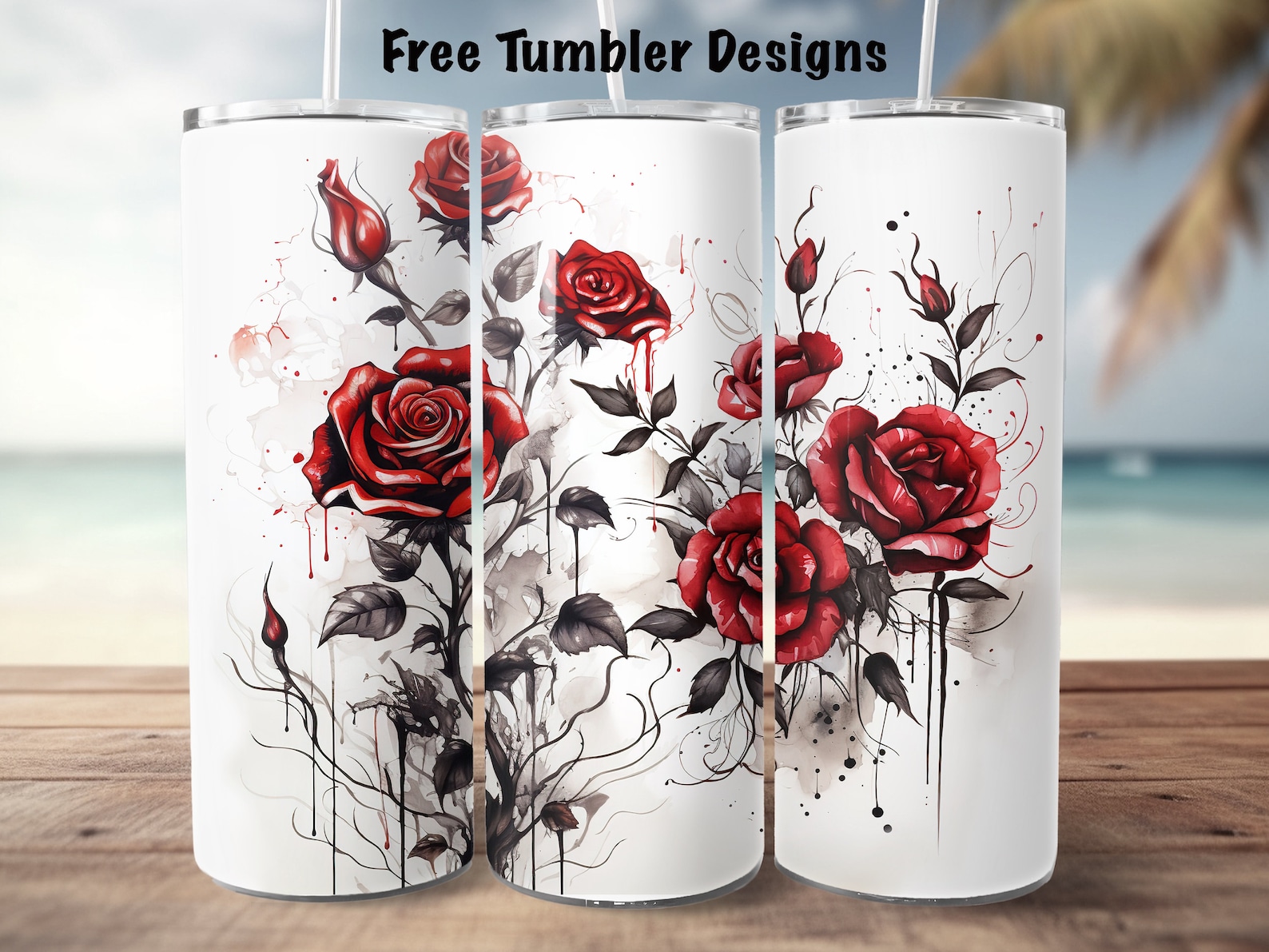 Tumbler Design Gothic Ink Roses for Sublimation, Red and Black Tumbler ...