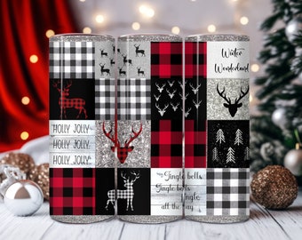 Buffalo plaid deer Christmas glitter Tumbler Designs, 20oz Skinny straight Tumbler Wrap,  Tumbler sublimation Template -PNG Digital Download