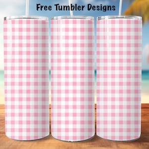 May include: Three stainless steel tumblers with pink and white gingham pattern.