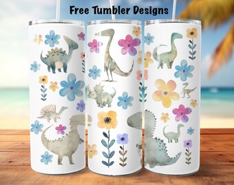 Dinosaurs tumbler wrap, simple watercolor dinosaur and flowers  png for sublimation, 20oz Skinny straight Tumbler Wrap for girl