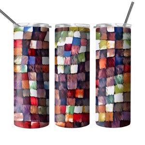 May include: Three stainless steel tumblers with lids and straws. Each tumbler features a different abstract design of colorful squares with brushstrokes.