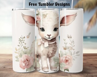 Lamm Tumbler design, söta akvarell baby fårrosor, sömlös 20oz smal rak Tumbler sjal, tumbler sjal för flicka, digital nedladdning