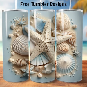 Coastal Tumbler Design png, 3d seashells and starfish beach tumbler,  20oz Skinny straight Tumbler Wrap for sublimation, Digital Download