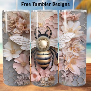 3d bee and flowers Tumbler design seamless honeycomb bee tumbler png, 20oz Skinny straight Tumbler Wrap, honey bee Tumbler png for Download