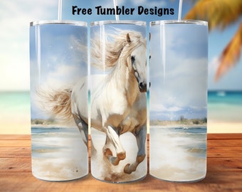 May include: A white horse runs through the surf on a beach with a blue sky and white clouds. The image is on a white tumbler with a straw.
