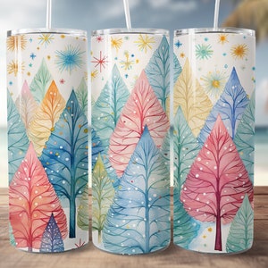 Winter Christmas Tumbler design, colorful watercolour  Christmas trees, 20oz Skinny straight Tumbler Wrap png for sublimation, download