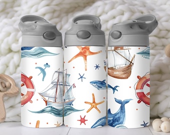 May include: Three white water bottles with grey lids and colorful nautical themed designs. The designs include sailboats, starfish, whales, and seashells.