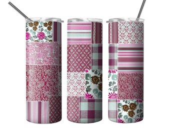 May include: Three stainless steel tumblers with a patchwork design featuring pink, brown, white, and green colors. The tumblers have a straw and a lid.