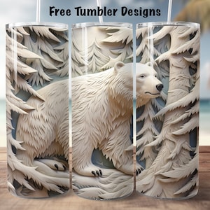polar bear in winter forest 3d Tumbler wrap, carved polar bear in trees sublimate , 20oz Skinny straight Tumbler Wrap, digital download