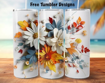 Puede incluir: Tres vasos blancos con un diseño floral que presenta flores de papel blancas, azules, amarillas, naranjas y rojas. Las flores están dispuestas en un ramo con hojas y tallos verdes.
