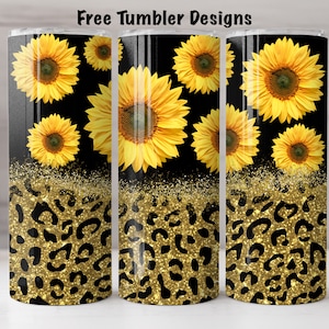 Sunflowers tumbler design, glitter leopard print  tumbler png for sublimation, 20oz Skinny straight Tumbler Wrap, digital download