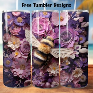 Seamless 3d Tumbler design bumble bee and flowers, purple tumbler png, 20oz Skinny straight Tumbler Wrap, honey bee Tumbler png for Download