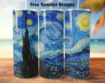Van Gogh the starry night Tumbler Design, 20oz Skinny straight Tumbler Wrap, oil painting Tumbler sublimation Template, PNG Digital Download