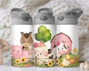 May include: Three white insulated water bottles with a farm animal theme. The bottles feature a pig, a horse, a sheep, a cow, and a chicken. The bottles have a gray lid and a white body with a watercolor design.