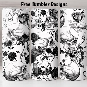 May include: Three white tumblers with a black and white design of skulls and roses. The design is repeated on each tumbler.