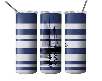 Sailboat Tumbler Design, 20oz Skinny straight Tumbler Wrap, boat Tumbler navy stripes,  sublimation Template, PNG Digital Download