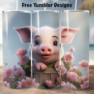 May include: A pink pig with blue eyes peeks over a wooden bucket filled with pink flowers. The pig is smiling and has a pink nose. The background is a light blue sky with white clouds.
