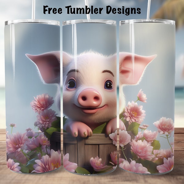 Cute piglet Tumbler Design png for sublimation, baby pig in bucket with flowers, seamless 20oz Skinny straight Tumbler Wrap, download