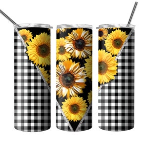 May include: A black and white gingham tumbler with a diagonal design featuring yellow sunflowers. The tumbler has a silver lid and a straw.