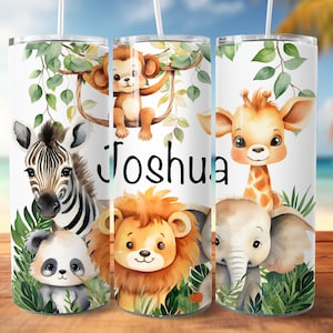 Lindo diseño de vaso de animales de la jungla, personalice una envoltura de vaso recta delgada y sin costuras de 20 oz, png para niños, león, mono, elefante