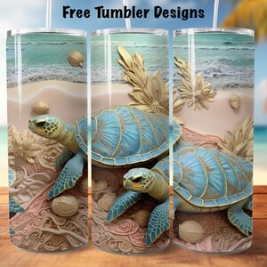 May include: A set of three 20oz stainless steel tumblers with a beach scene featuring two sea turtles with gold accents on a sandy beach with blue ocean waves in the background.
