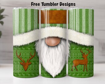 May include: Three green and white striped tumblers with a white fuzzy trim. The center tumbler features a white beard and brown hat, while the side tumblers feature a brown reindeer silhouette.