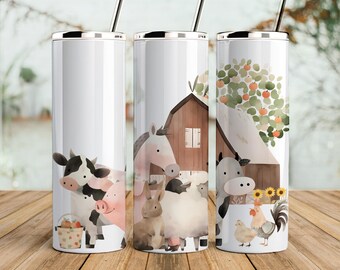 Farm tumbler wrap,  seamless design, cute watercolor farm animals tumbler png for sublimation, 20oz Skinny straight Tumbler Wrap, download