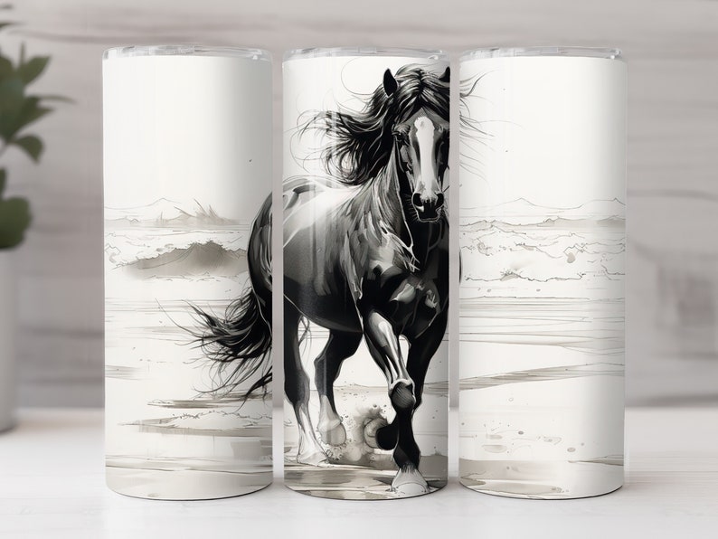 design de copo de cavalo para sublimação, esboço de tinta de garanhão selvagem na praia png, envoltório de copo reto magro de 20 onças, envoltório de copo para amante de cavalos imagem 4