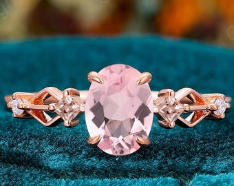 Morganite Engagement Ring, Unique Pink Morganite Wedding Ring Rose Gold, Oval Cut 6x8mm Morganite Ring, Vintage Ring, Prong Set Bridal Ring