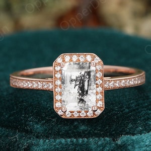 Handmade Engagement Ring, Emerald Cut 5x7mm Salt and Pepper Diamond Wedding Ring, Unique Emerald Halo Ring, Solid Rose Gold Pave Set Ring