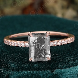 Dainty Natural Herkimer Diamond Wedding Ring, Unique Emerald Cut Black Quartz Engagement Ring, 14k Rose Gold Bridal Ring, Vintage Women Ring