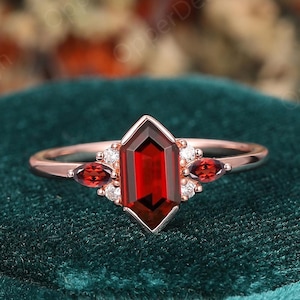 Natural Red Garnet Engagement Ring, Unique Stackable Garnet Ring, Long Hexagon Shaped Ring, Delicate Handmade Ring, Anniversary Promise Ring