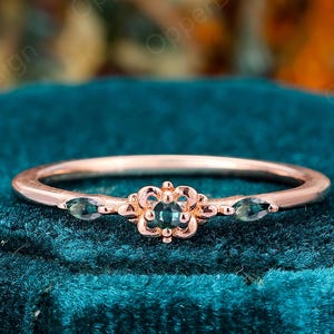 Marquise Teal Sapphire Wedding Ring, Unique Blue Green Sapphire Ring, Vintge Sapphire Jewelry Ring, Round Sapphire Ring, 14K Rose Gold Ring