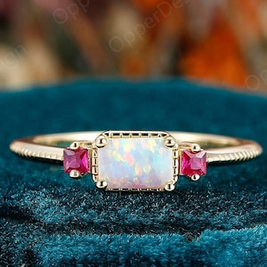 Emerald Cut 4x6mm Opal Wedding, Vintage Opal Ring, Ruby Ring, White Opal Anniversary Ring,Dainty Ring,Minimalist Opal Promise Ring Rose Gold