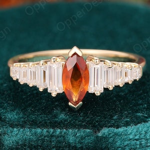 Marquise Cut 3.5x7mm Orange Garnet Engagement Ring, Unique Bridal Ring, Solid 14k Rose Gold Ring, Orange Garnet Ring, Personalized Jewelry