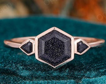 Unique Galaxy Hexagon Cut 7mm Blue Sandstone Engagement Ring, Blue Sandstone Wedding Ring, Vintage 14k Rose Gold Ring, Unique Bezel Set Ring