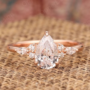 Tear Drop Wedding Ring, Moissanite Engagement Ring Pear Shape, Art Deco Wedding Ring, Plain Gold Ring For Women, Promise Moissanite Ring
