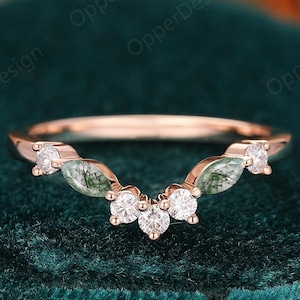 Natural Moss Agate Ring, Stackable Moissanite Moss Agate Wedding Band, Unique Women Promise Ring Band, Delicate Matching Band, Dainty Band