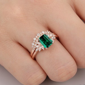 Unique Design Bridal Ring, Rose Gold Engagement Ring, Emerald Cut 6x8mm Emerald Main Ring, Delicate Ring Set, Promise Ring Set For Women
