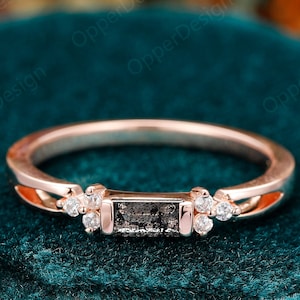 Galaxy Raw Salt and Pepper Diamond Ring, Baguette Cut Diamond Engagement Rings, Unique Bridal Geometric Diamond Promise Ring Sterling Silver